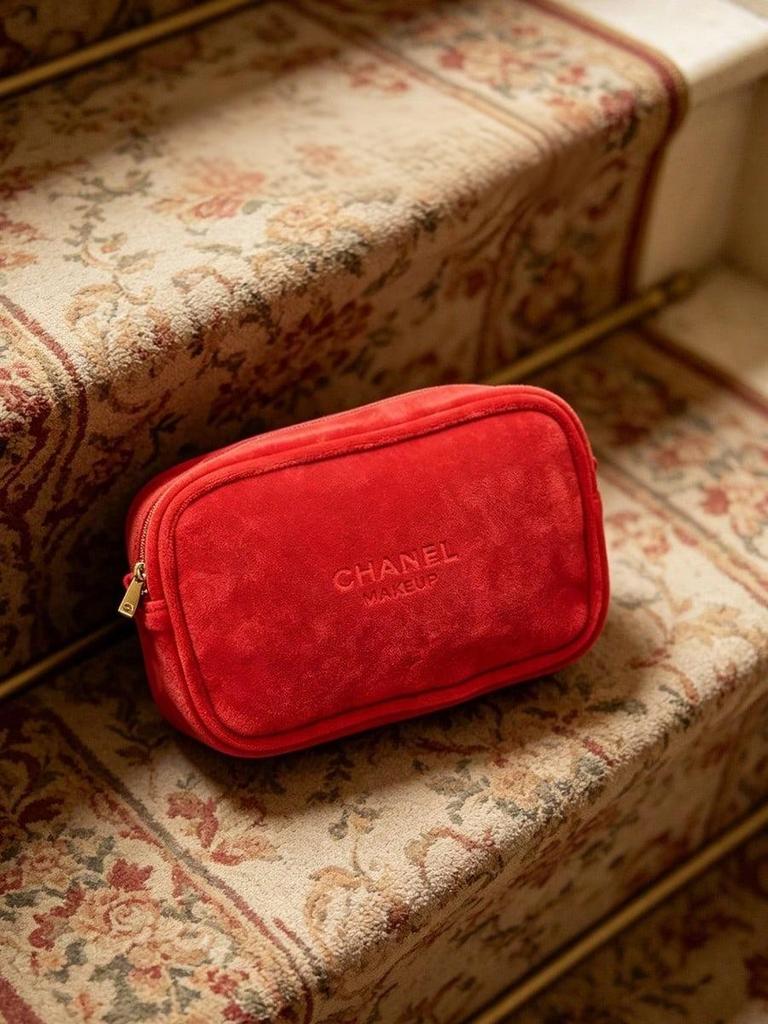 Красный Бархат Chanel Сумка для Макияжа Бренд Аксессуар для Красоты, Портативная Косметичка на Молнии Органайзер для Путешествий и Умывания для Хранения Помады Наушников Карты Ключа