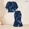 Women Plus Size Two Piece Skirt Set Round Neck Batwing Sleeve Printed Ruffle Hem Top Fishtail Skirt White