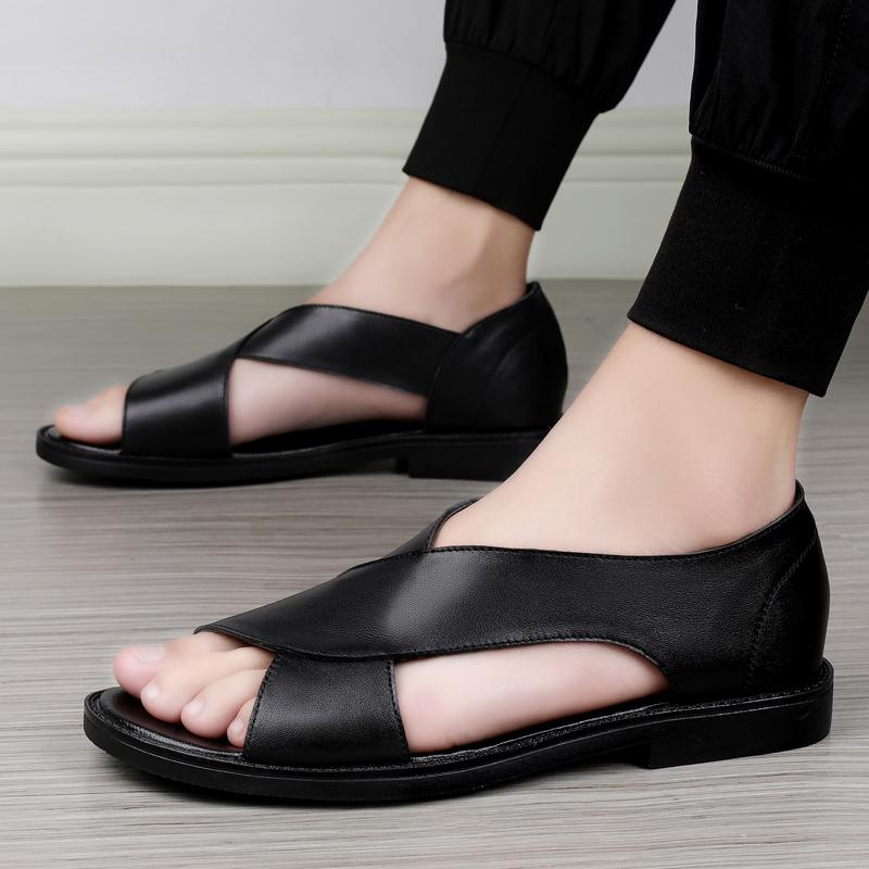 Мужские сандалии, черные кожаные сандалии-гладиаторы, уличные римские сандалии без шнуровки для мужчин, пляжная обувь с открытым носком, большие размеры