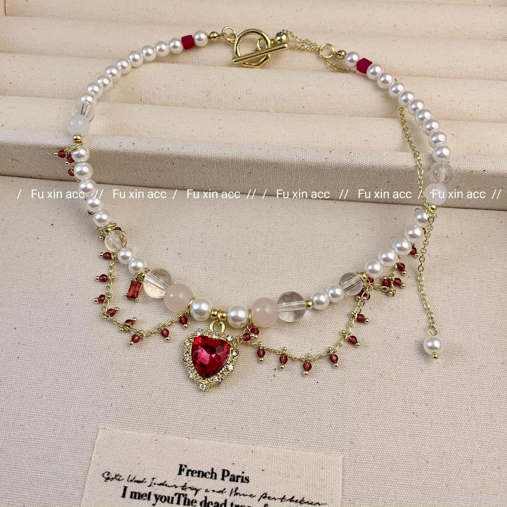 Жемчужное ожерелье в стиле французской барочной Лолиты: Элегантная цепочка на ключицу Ханьфу с кольцом Love