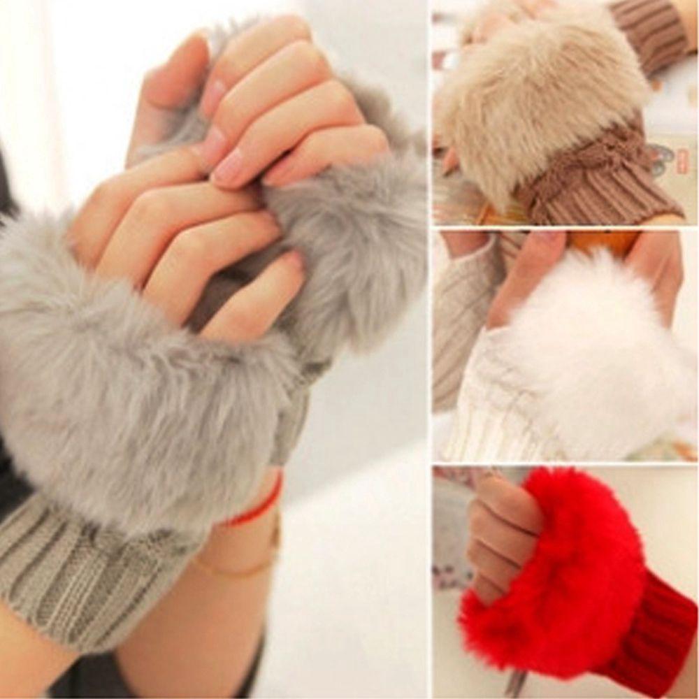 Warm Knitted Sheep Wool Couples Fingerless Mittens Wrist Gloves Faux Rabbit Fur Exposed Finger