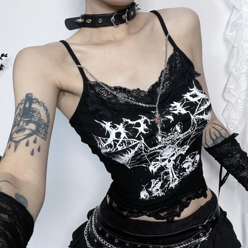 AltGoth Gothic Punk Майки женские Уличная одежда Harajuku Y2k Grunge Graphic Bat Printed Кружевной пэчворк Укороченный топ с цепочкой Femme