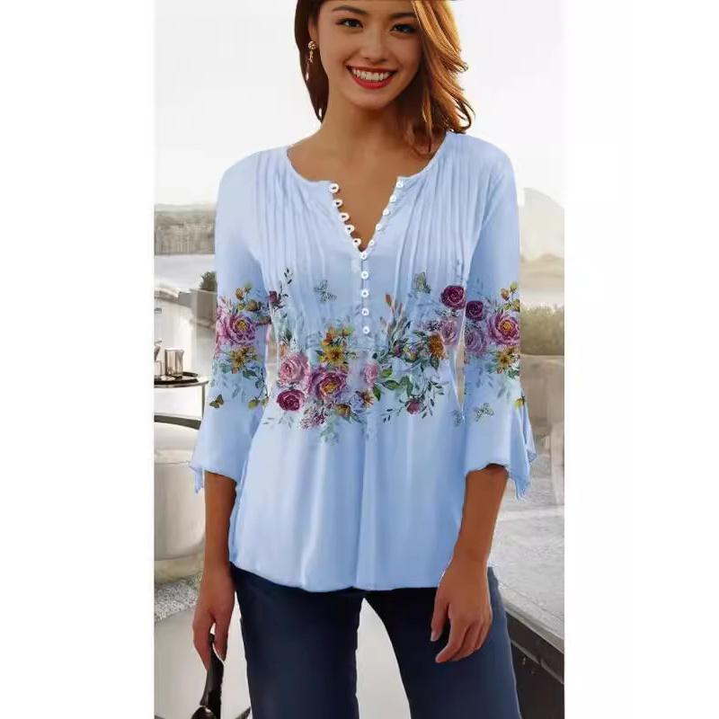 Весенне-летняя мода Новая женская футболка с цветочным принтом, V-образным вырезом, коротким рукавом, плиссировкой и пуговицами, базовая