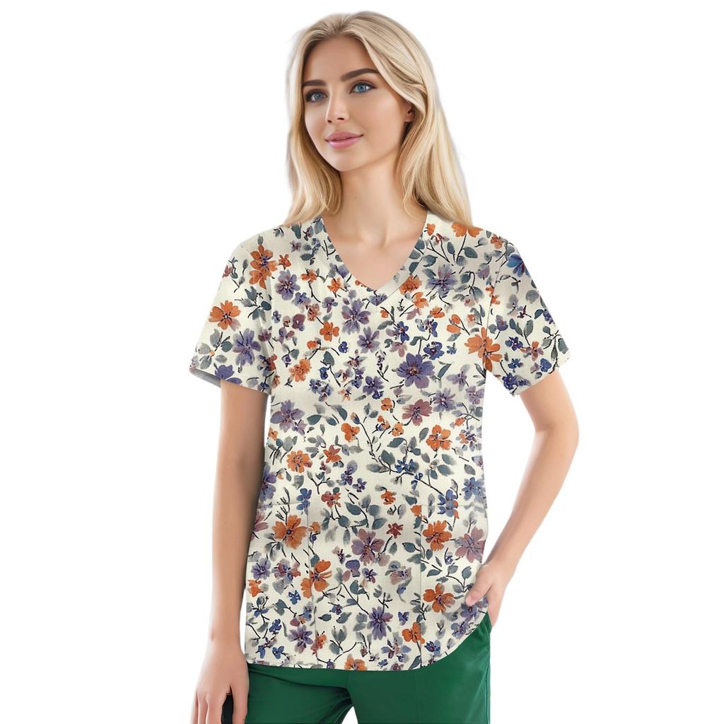 Рабочая форма больших размеров с принтом, топы для женщин, забавные футболки с v-образным вырезом и короткими рукавами, рабочая одежда, футболка с карманами