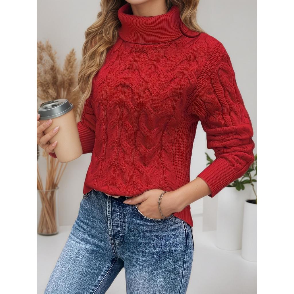 Women's High Collar Sweater - Soft Elastic Pullover, Essential Solid Color Top for Autumn and Winter, Hand Washed, Comfortable and Fitted