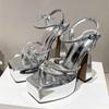 Fashion Luxury Rhinestone Buckle Strap Platform Sandals Women Sexy Open Toe Chunky Heels Ankle-Wrap High Heels Elegant Party Dress Shoes