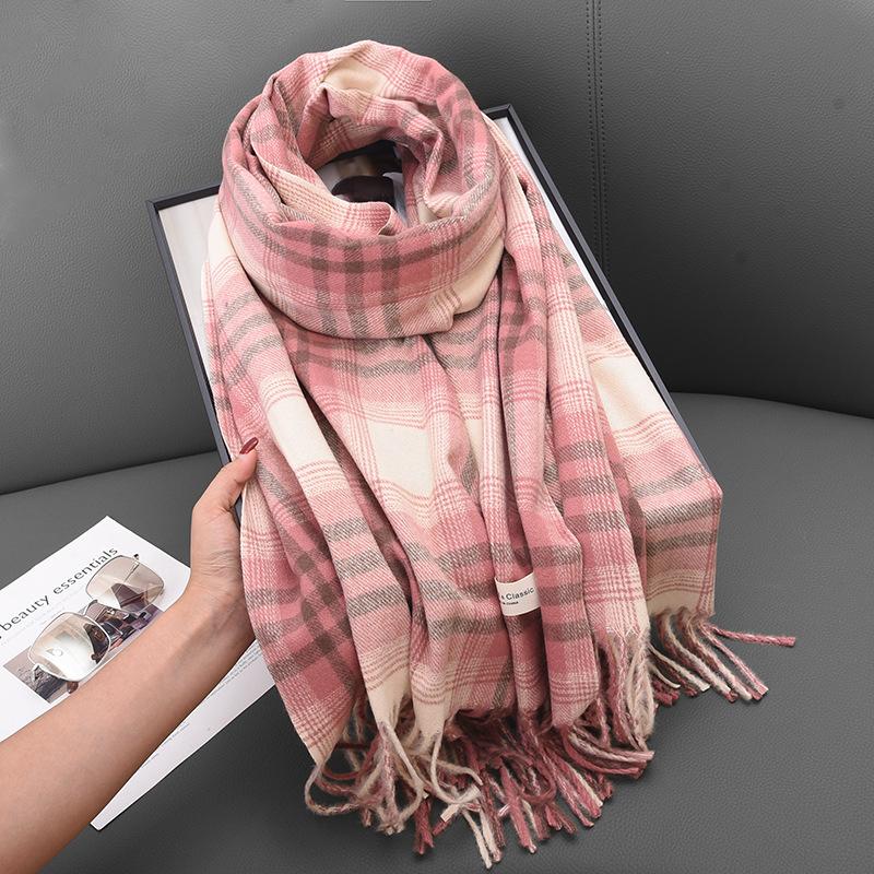 Color Matching Retro Fringed Scarf Women'S Winter Senior Sense Versatile Thickened Warm Scarf Shawl Dual-Purpose