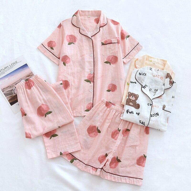Cotton Pajamas Women's 3 Pcs Set Printed Fashion Pure Cotton Double-layer Gauze Shorts/Long Pants Sleepwear