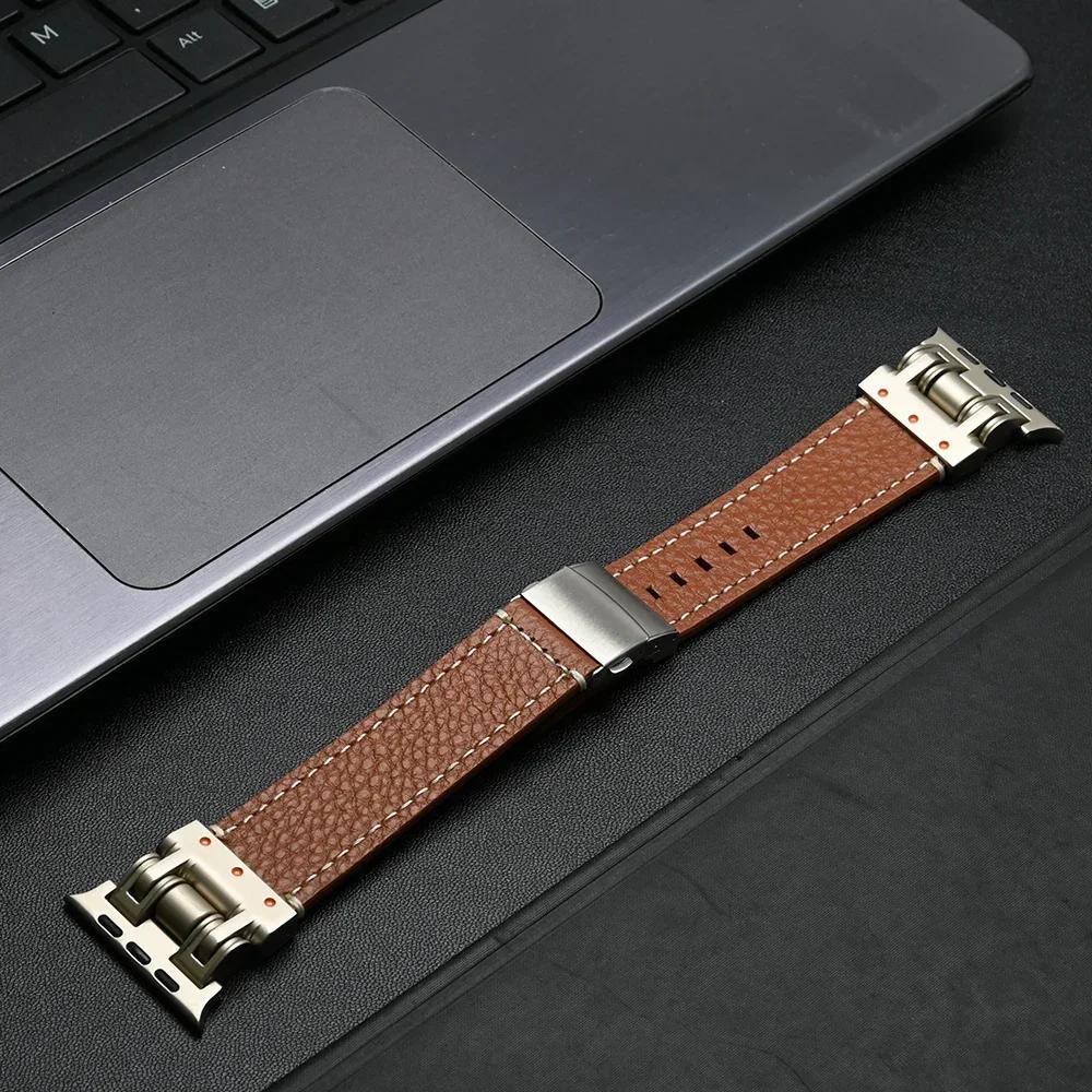 Кожаный ремешок для Apple Watch Ultra 3/2 49мм 46мм 45 44мм Роскошный браслет Титановый цвет Ремешок для iWatch Серии 11 10 9 SE Петля
