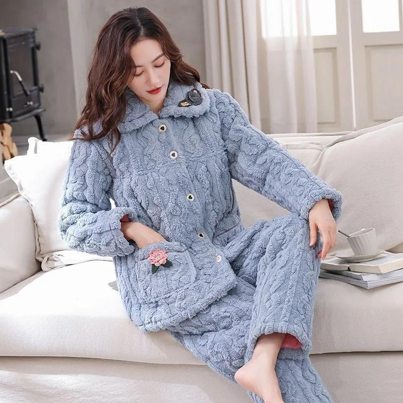 Pyjamas Women's Winter Coral Fleece Cotton Set New Winter Plus Fat Plus Size Plus Thick Fleece Home Wear Embroidery Pocket