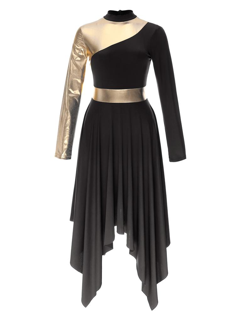 Women Slim Waist Party Gown Praise Liturgical Lyrical Dance Dress High Low Worship Costume Metallic Color Block Dress