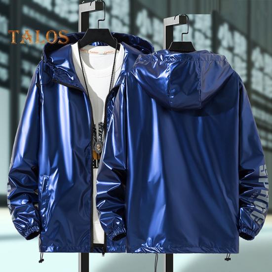 Men Shiny Glossy Coat Hooded Long Sleeve Teenager Coat with Adjustable Drawstrings Cuffed Sleeves Bright Surface Jacket
