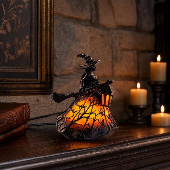 Yousheng Stained Glass Witch Hat Lamp, Handcrafted Retro Resin Witch Lamp, USB Powered Gothic Wizard Hats Night Light, Halloween Home Decor