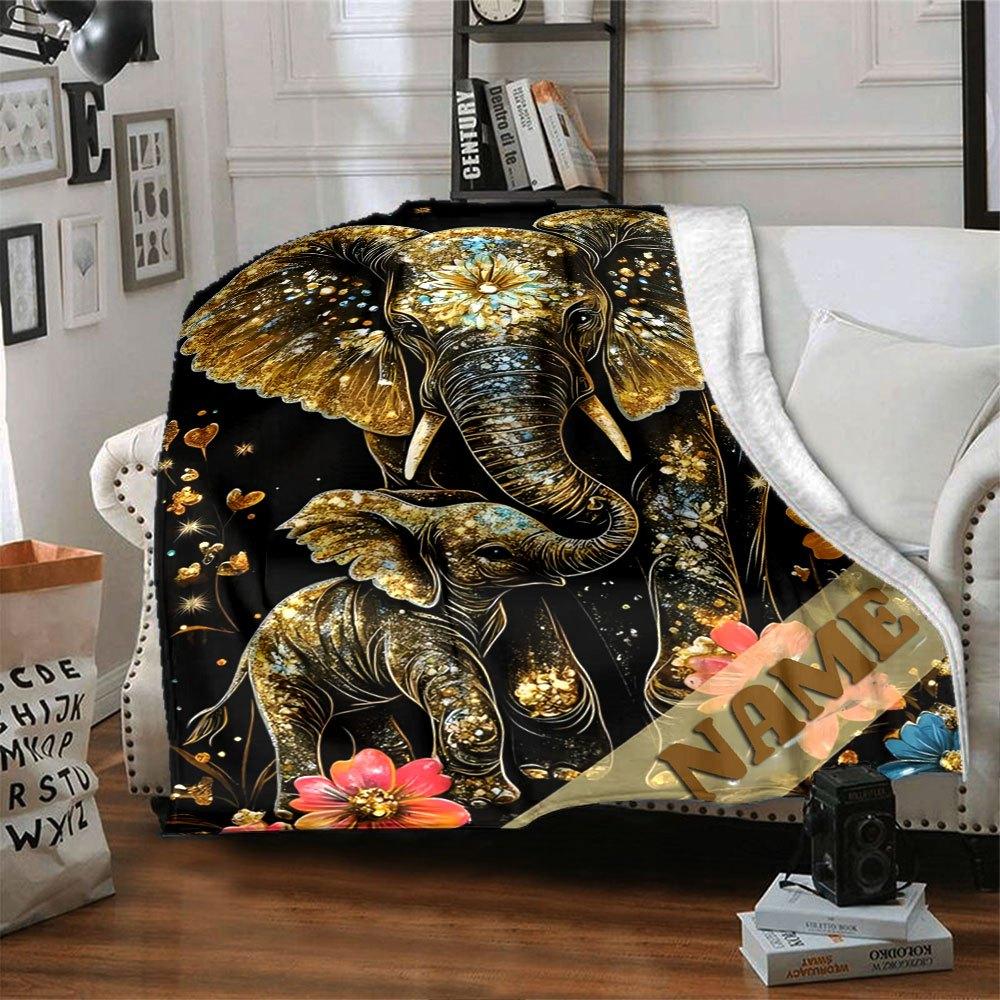 Elephant Family With Floral Decorations Throw Customizable Blanket Customize Text Soft Warm Cozy Throw For Sofa Couch Office Bed Picnics Four Seasons