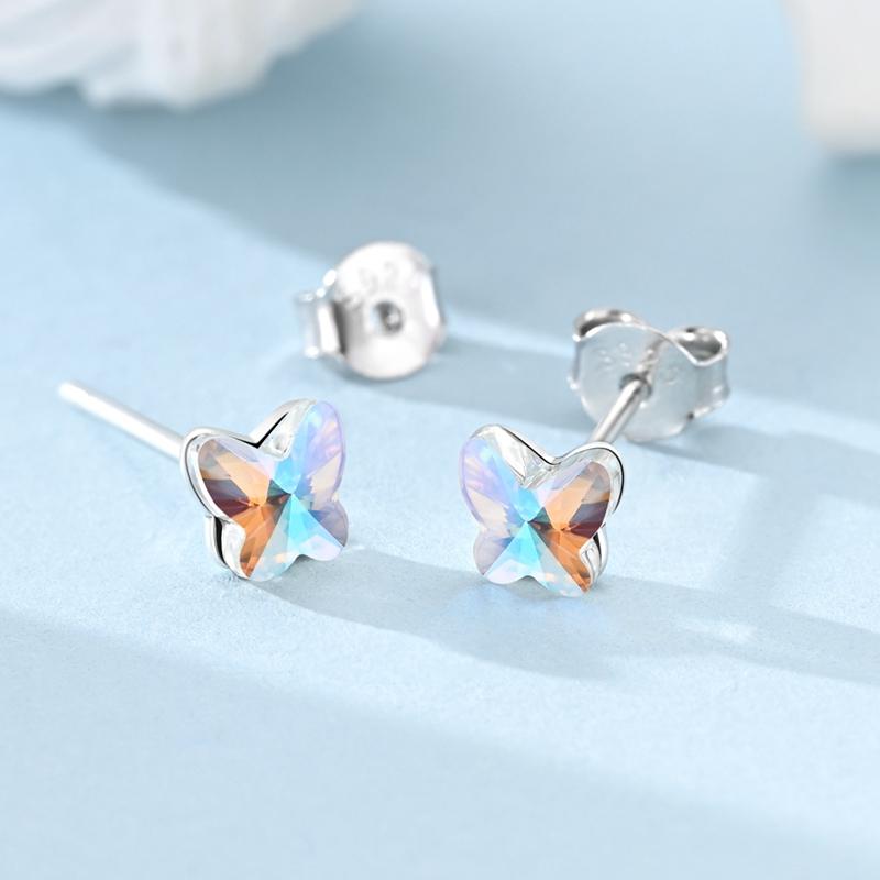 Earrings 925 Silver Shining Snowflake Mini Butterfly Ear Studs For Women Fine Birthday Party Jewelry Gifts