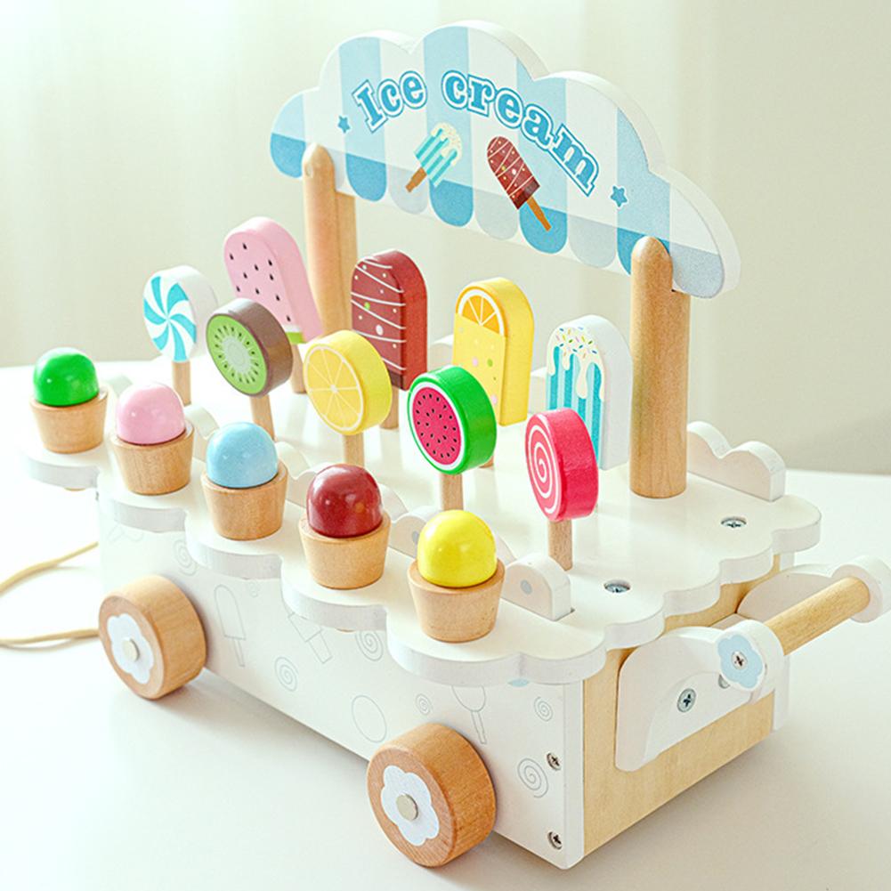 Wooden Ice Cream Cart Toy Ice Cream Truck Playset Pretend Play Kitchen Food Toy Early Education Learning Toys Gifts For Kids
