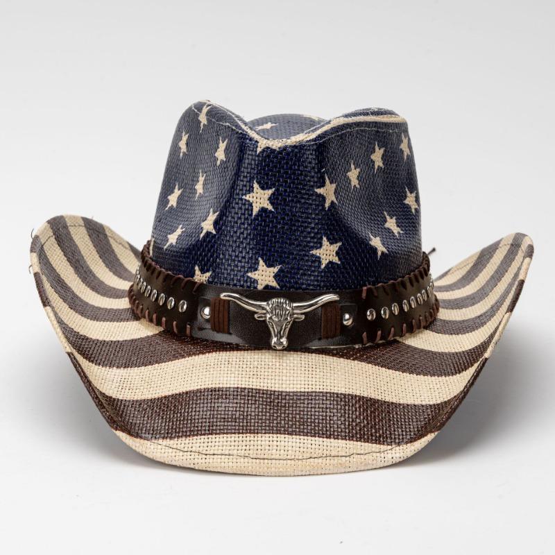 Unisex Vintage American Flag Print Woven Straw Cowboy Hat With Bull Head Rivet Band