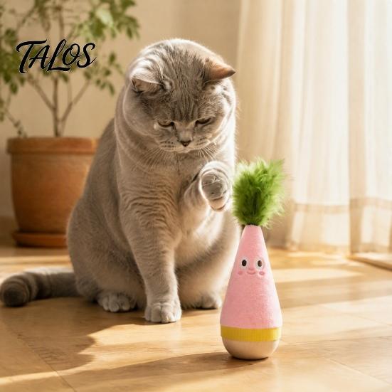 Интерактивная игрушка для охоты для кошек, деревянная качающаяся игрушка для кошек, самовосстанавливающийся тумблер с перьями для домашних кошек, плюшевая боксерская груша для тренировки котят