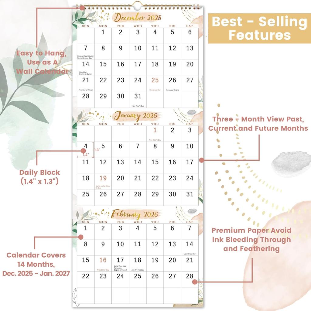 2026 Wall Calendar - 3 Month Calendar 2026 Vertical, 3 Month Wall Calendar, 11" x 26", December 2025 - January 2027, Calendar 2026, Large Monthly