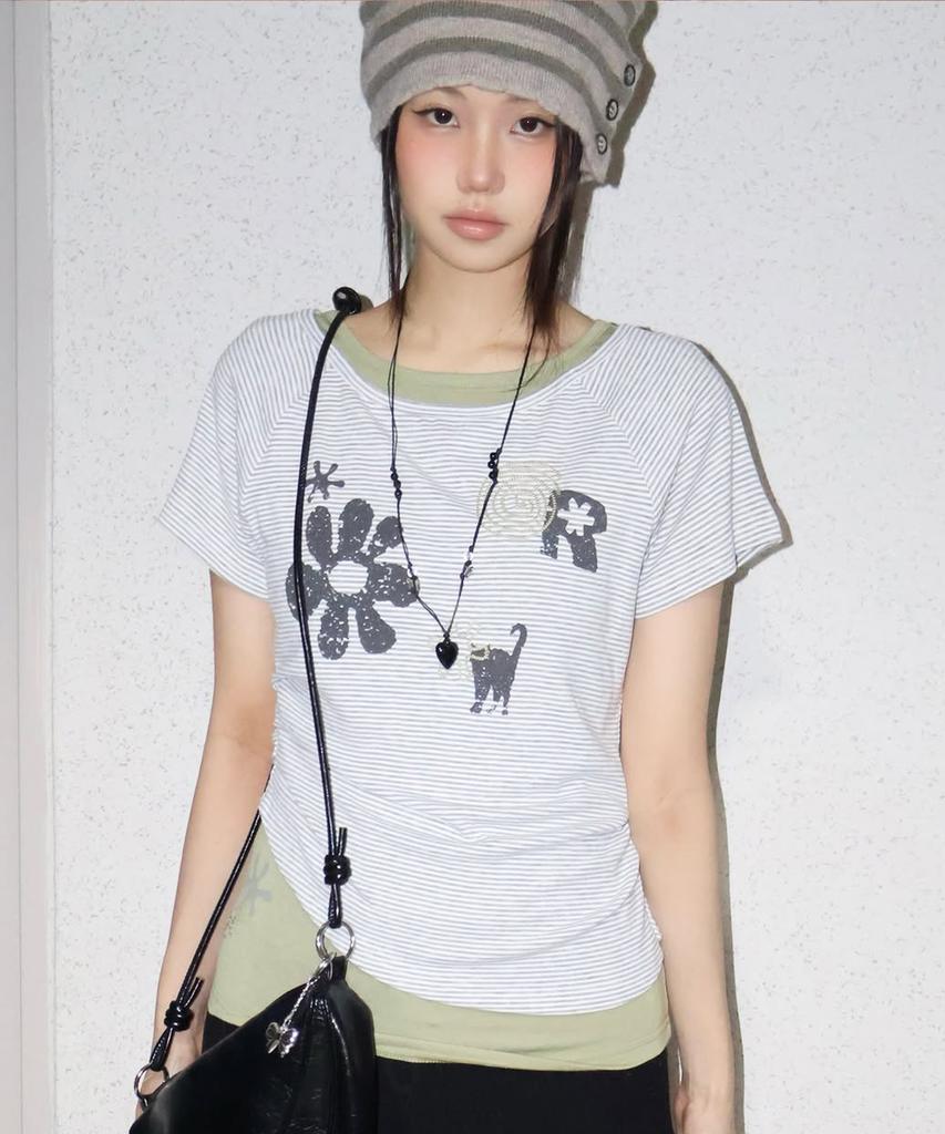 LMR Motif Embroidered Striped Layered T-Shirt Green