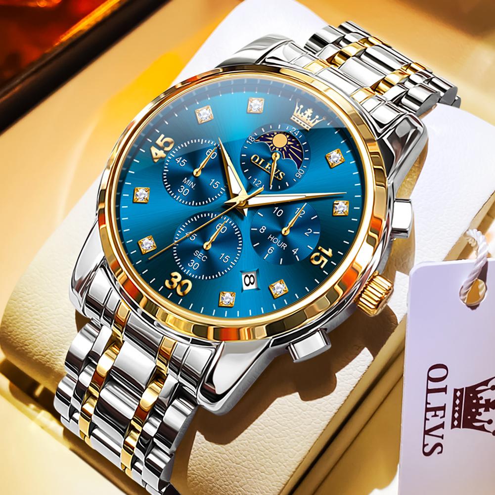 OLEVS Golden Steel Chronograph Moon Phase Mens Watches Top Brand Luxury Quartz Wrist Watches For Men Relogio Masculino