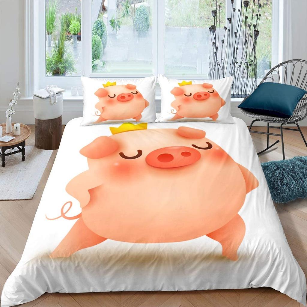 Cartoon Kawaii Pig King Queen Duvet Cover Happy Farm Animal Bedding Set Pink Piggy Quilt Cover 2/3pcs Polyester Comforter Cover