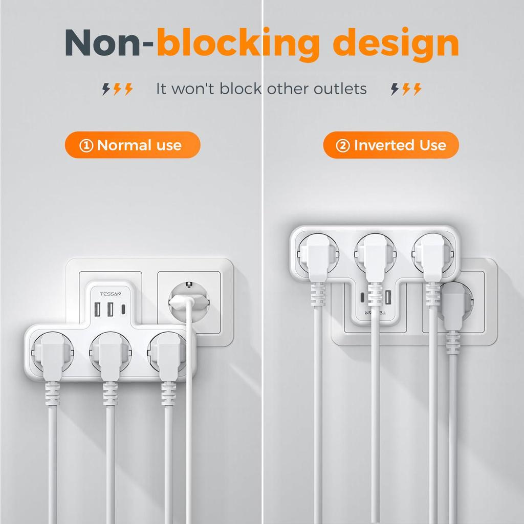 Tessan Многофункциональная настенная розетка с 2 портами USB C и 1 портом USB A, USB-адаптер 6 в 1 с защитой от перегрузки для смартфона, планшета