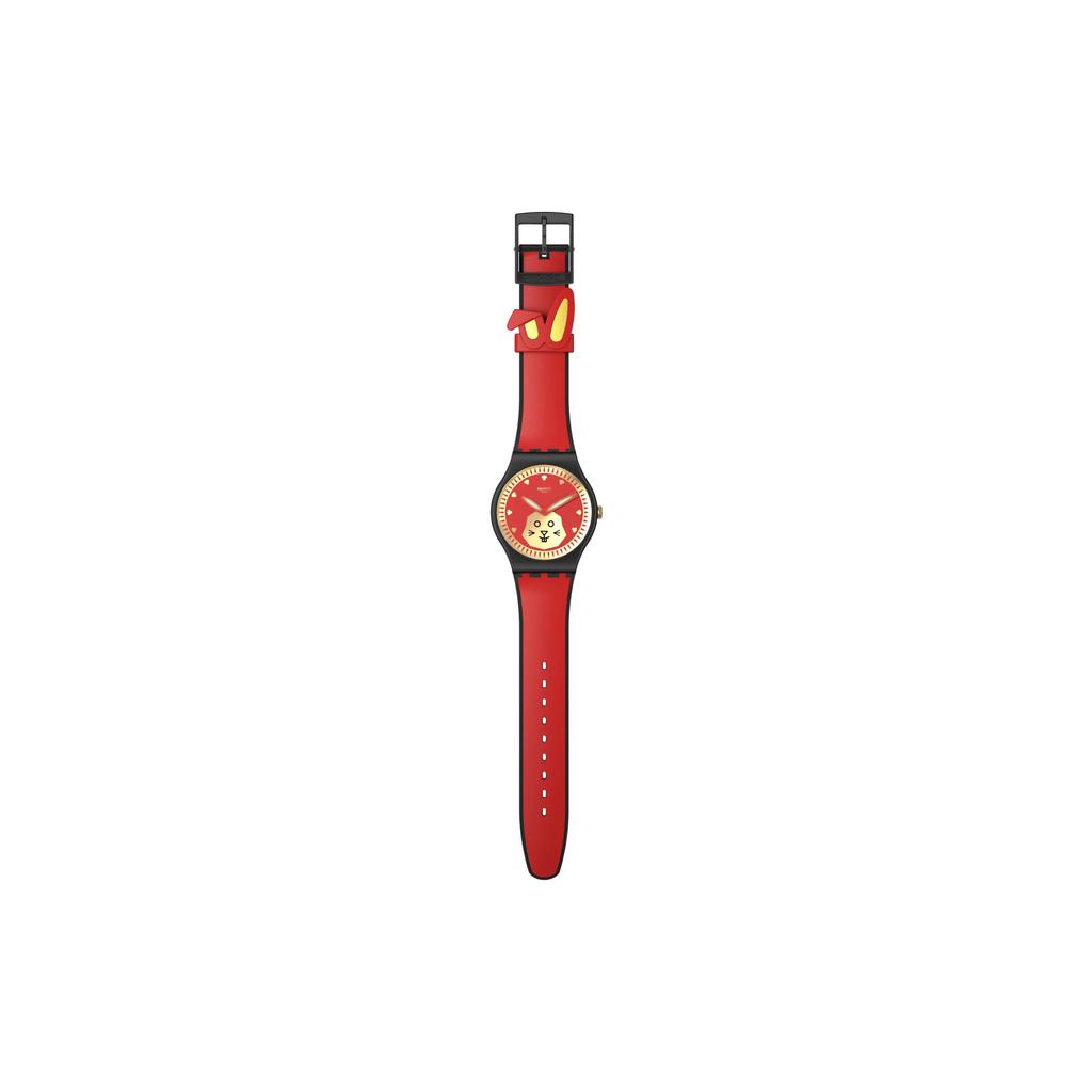 Swatch Кварцевые часы 30 метров водонепроницаемые 41 мм Красный циферблат Керамический корпус с растительным узором Силиконовый ремешок Унисекс часы SO32Z107