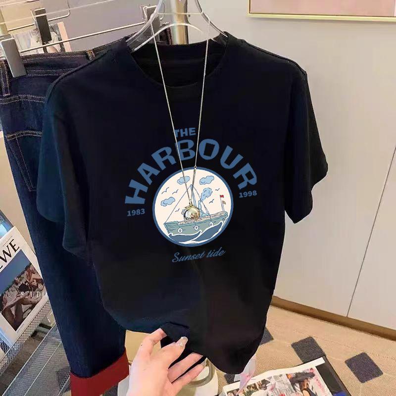 Fashionable Shoulder Pure Cotton Black Short-sleeved T-shirt for Women's Summer New Loose Letter Printing Versatile Top Shirt