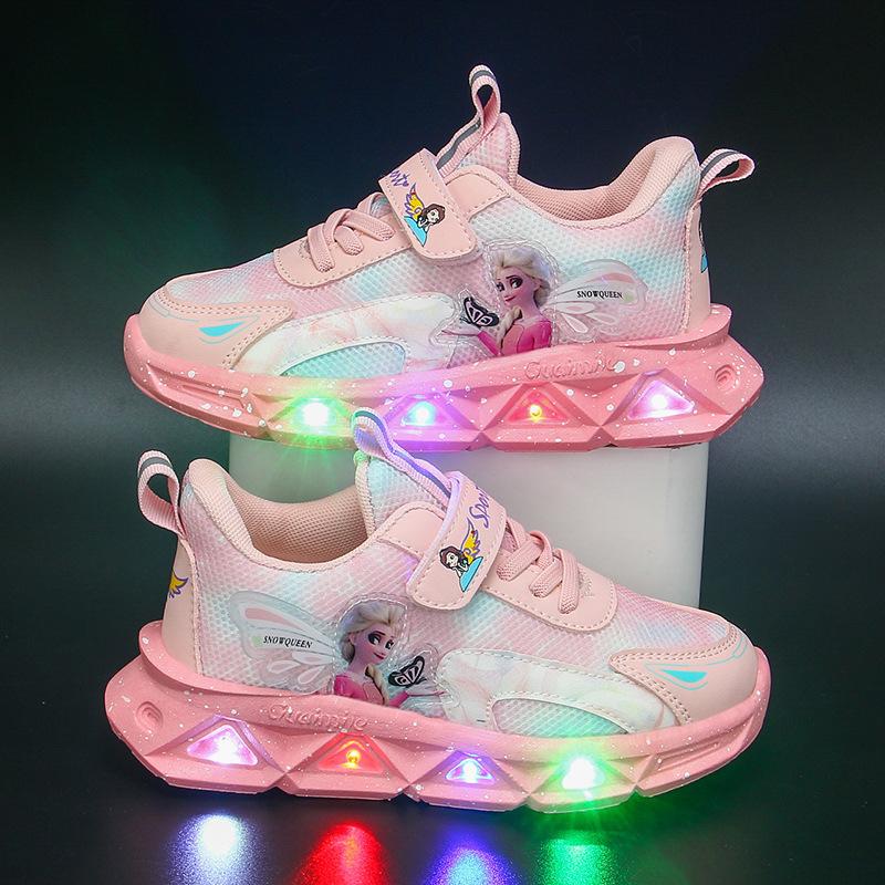 Кроссовки принцессы Эльзы для девочек, обувь для детей среднего и маленького возраста, ажурная сетка, дышащая, легкая, мягкая подошва, модная обувь для девочек