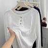 Women's Korean Style Pure Cotton Slimming Long Sleeve T-Shirt with Three-Button Detail - Autumn Casual Wear