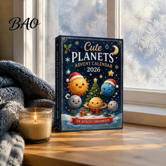 Kids Room Holiday Ornament Space Advent Calendar, 24Pcs 2D Flat Acrylic Set with Planet Creative Calendar Box Star Designs, Christmas Tree Hanging