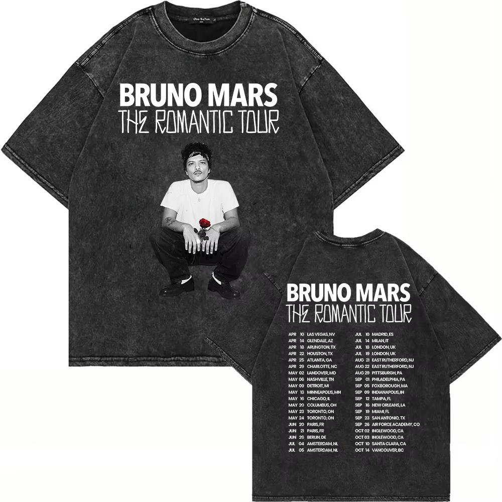 Cotton Vintage Washed Bruno Mars The Romantic Tour T Shirt Fashion Men Aesthetic Acid Wash Tees Shirts