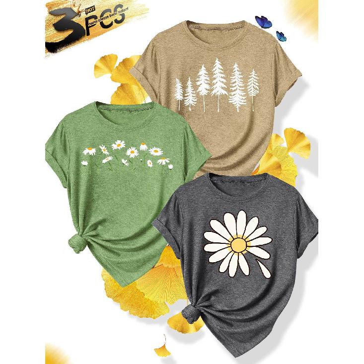 3Elegant plus-size short-sleeved outfit for sisters to attend parties T Shirt Daisy forest print plus-size women's casual sporty style for spring and