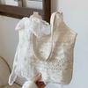 Korean Style Lace Shoulder Bag With Ribbon Large Capacity Bag Simple Canvas Handbag  Travel