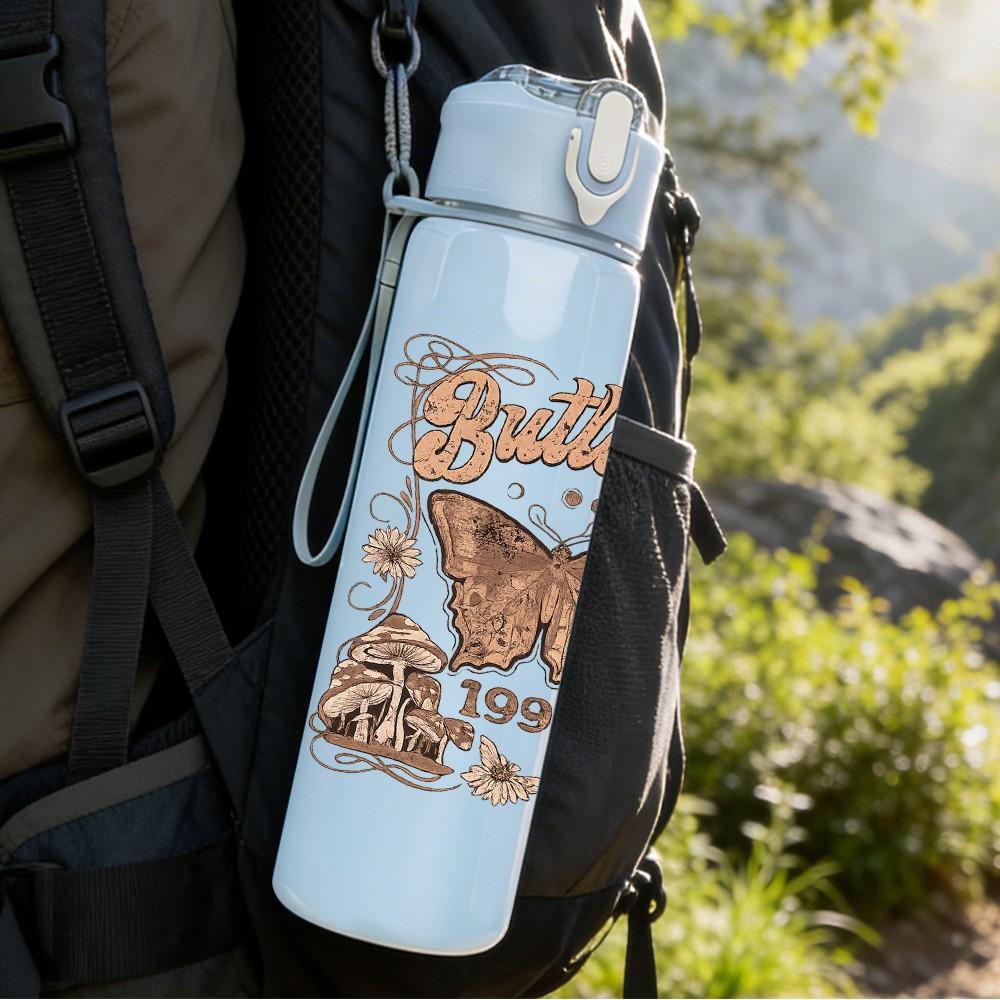 1PC Butterfly Vintage Ornate Frame Print 750ml Color Plastic Sports Water Bottle Leakproof Flip Straw Lid Suitable for Sports Office Home Use
