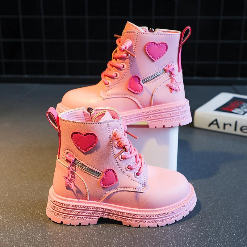 2024 New Pink Sweet Girls Short Boots Zipper PU Kids Fashion Causal Shoes Autumn Winter Versatile Soft Princess Black Child Shoe