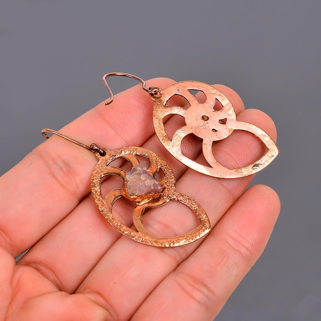 Натуральный розовый сапфир медь висячие серьги подарок дочери гальванопластика ювелирные изделия V-103