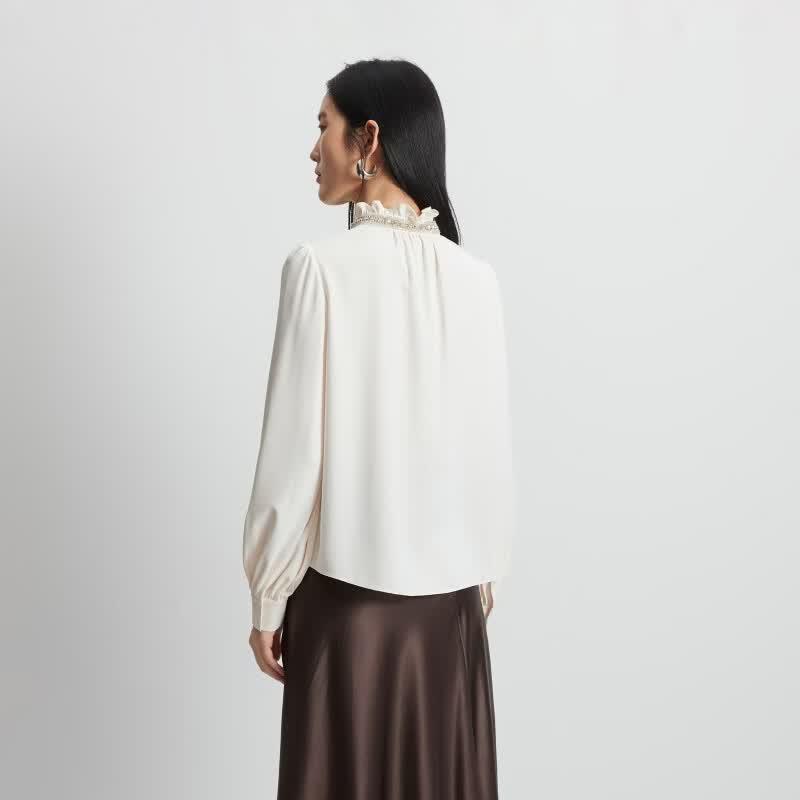 VEROMODA Women's Ruffle Stand Collar Beaded Lantern Sleeve Shirt