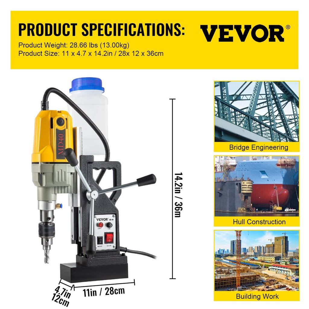 Magnetic Drill, 1100W 1.57" Boring Diameter, 2697lbf/12000N Portable Electric Mag Drill Press with 12 Bits, 580 RPM Max Speed Drilling Machine for any