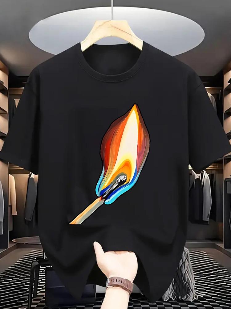Summer Male Casual Grey T Shirt Abstract Burning Match Art Print Soft Cotton Short Sleeve Minimalist Fashion Loose Top
