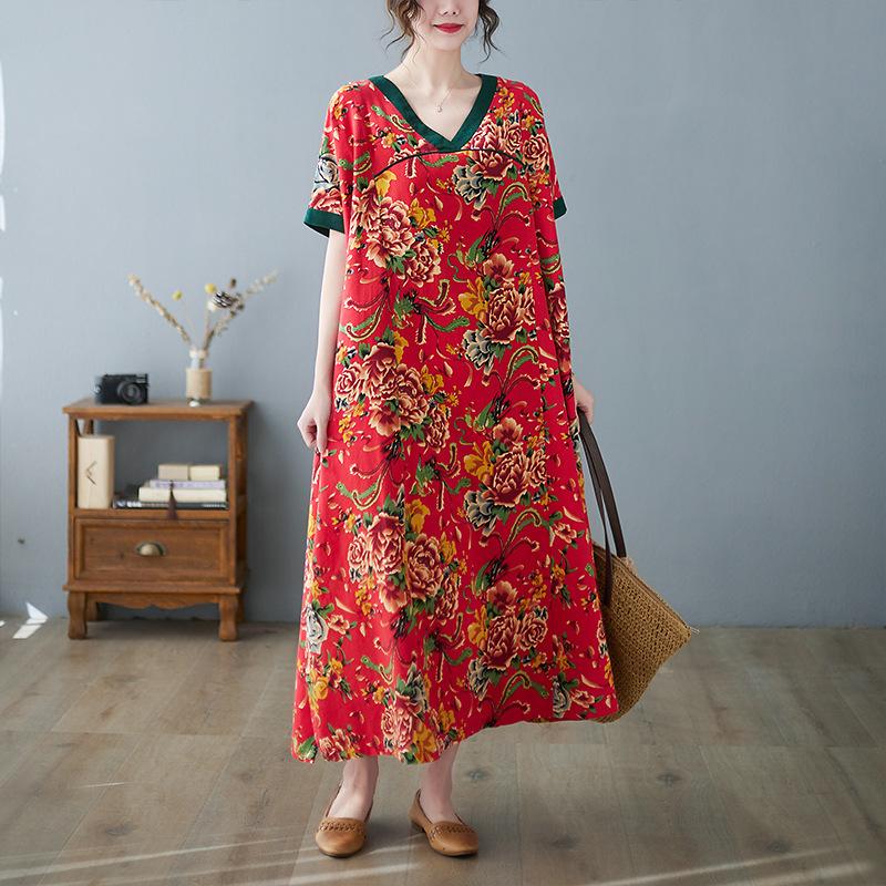 Летнее хлопковое льняное платье свободного покроя в стиле ретро с V-образным вырезом и короткими рукавами, утягивающее средней длины для женщин, платья