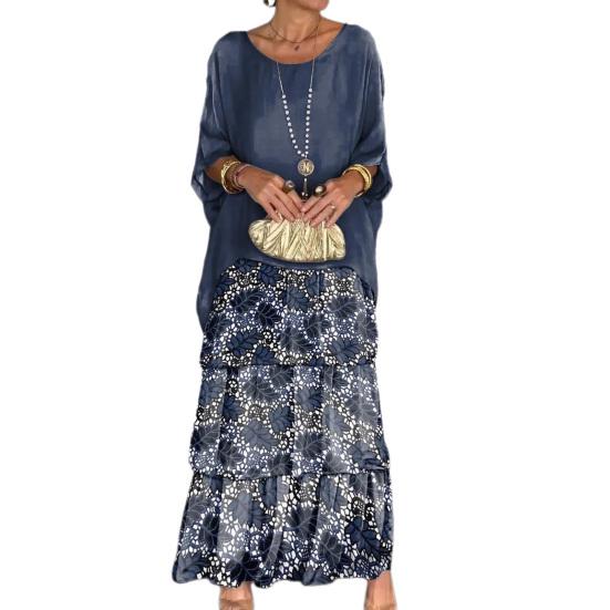 Summer Spring Women Dress Three Quarter Dolman Sleeve Fake Two-piece Multi-layer Hem Loose O Neck Printed Loose Chiffon Mesh Daily Party Maxi Dress