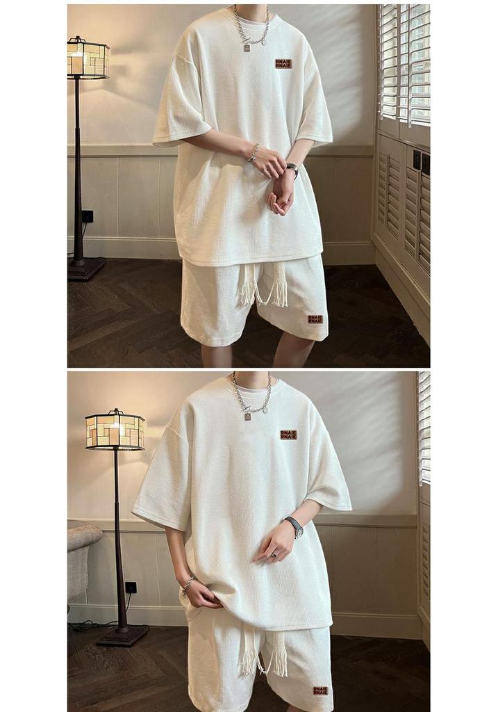Men's Hong Kong Style Waffle Summer Set - 240g Heavyweight Short Sleeve Sporty Two-Piece