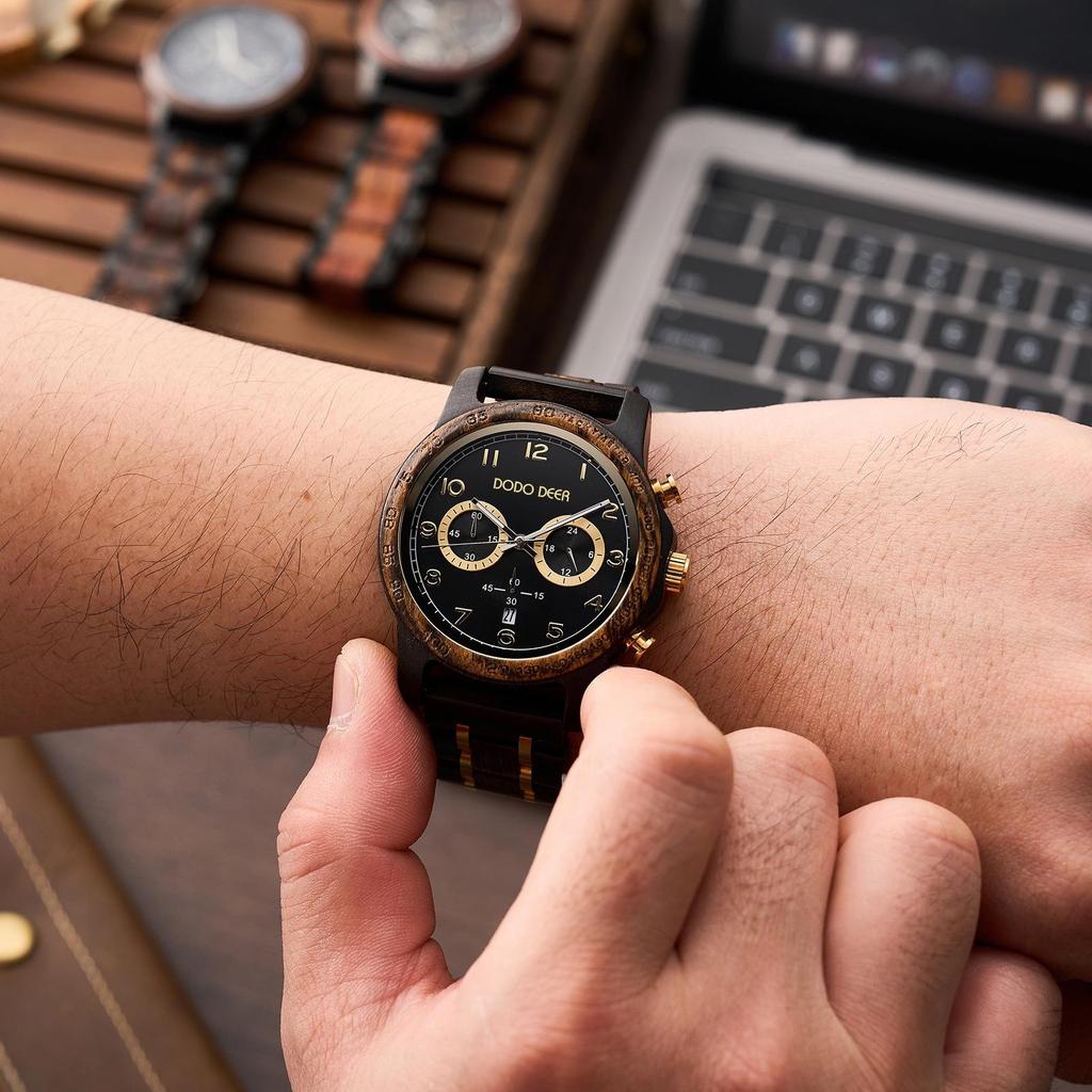 Mens Wristwatch Quartz Movement Wooden Watch Fashion Retro Watches Chronograph Date Display Luminous