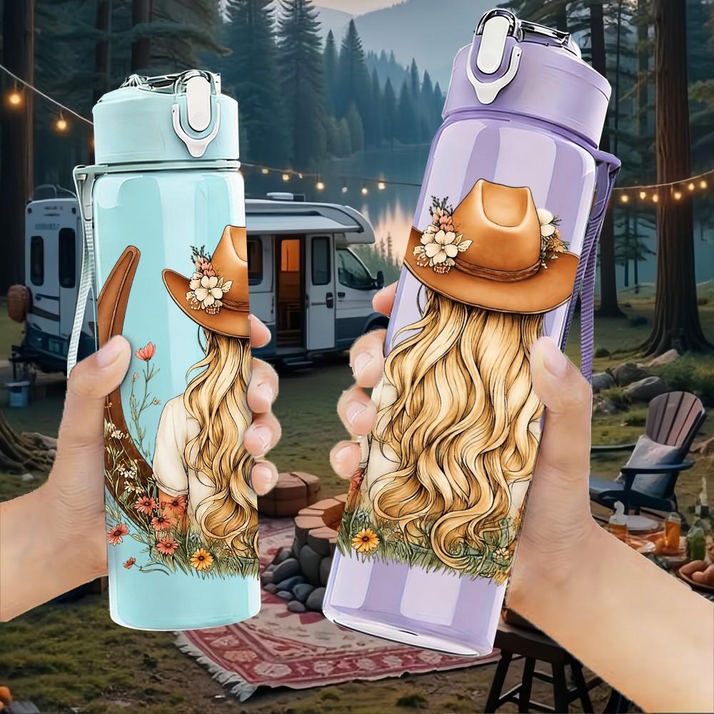 1PC Cowgirl Western Girl 750ml Color Plastic Sports Water Bottle Leakproof Flip Straw Lid Suitable for Sports Office Home Use