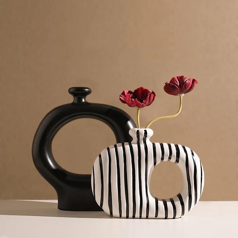 2PCS/Set Creative Modern Black and White Striped Ceramic Vase, Irregular Decorative Flower Vase for Home Decor