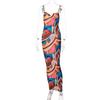 Women Summer Casual Sleeveless Strapless Print Camisole Dress Slim High Waist Ankle-Length Backless Slit Dresses Spring