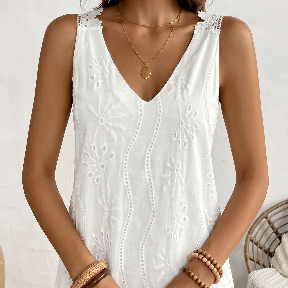 A-line Summer Casual Skirt Embroidery Mid Dress Fashion V-Neck Lace Dress Beach Vacation
