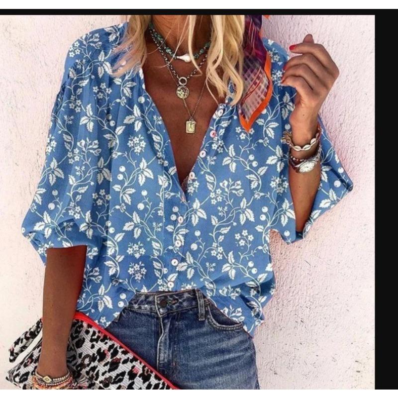Летняя мода Стойка воротник Свободный крой На пуговицах Ретро принт Повседневные Рукава семь восьмых Женские блузки и рубашки
